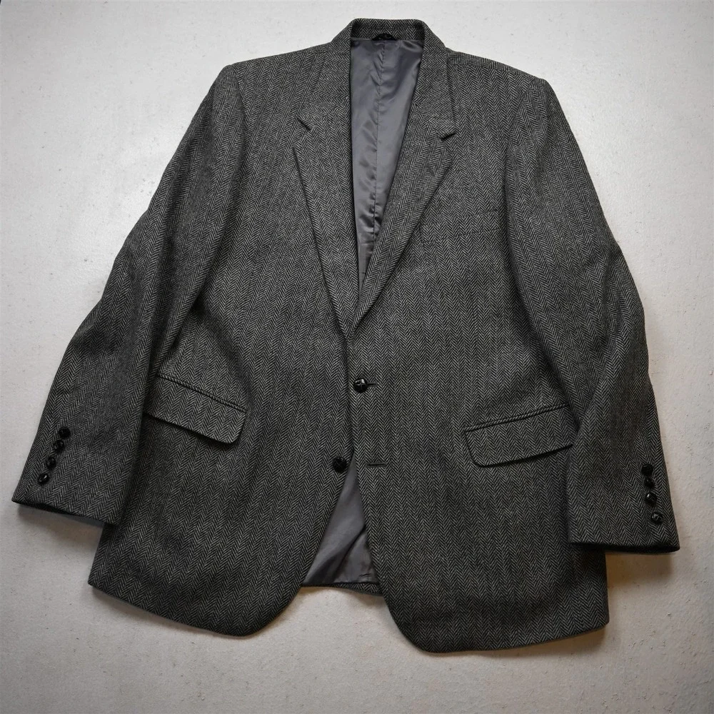 Vtg Joe Namath 48L Gray Herringbone Wool‎ Tweed Mens Blazer Jacket Sport Coat
